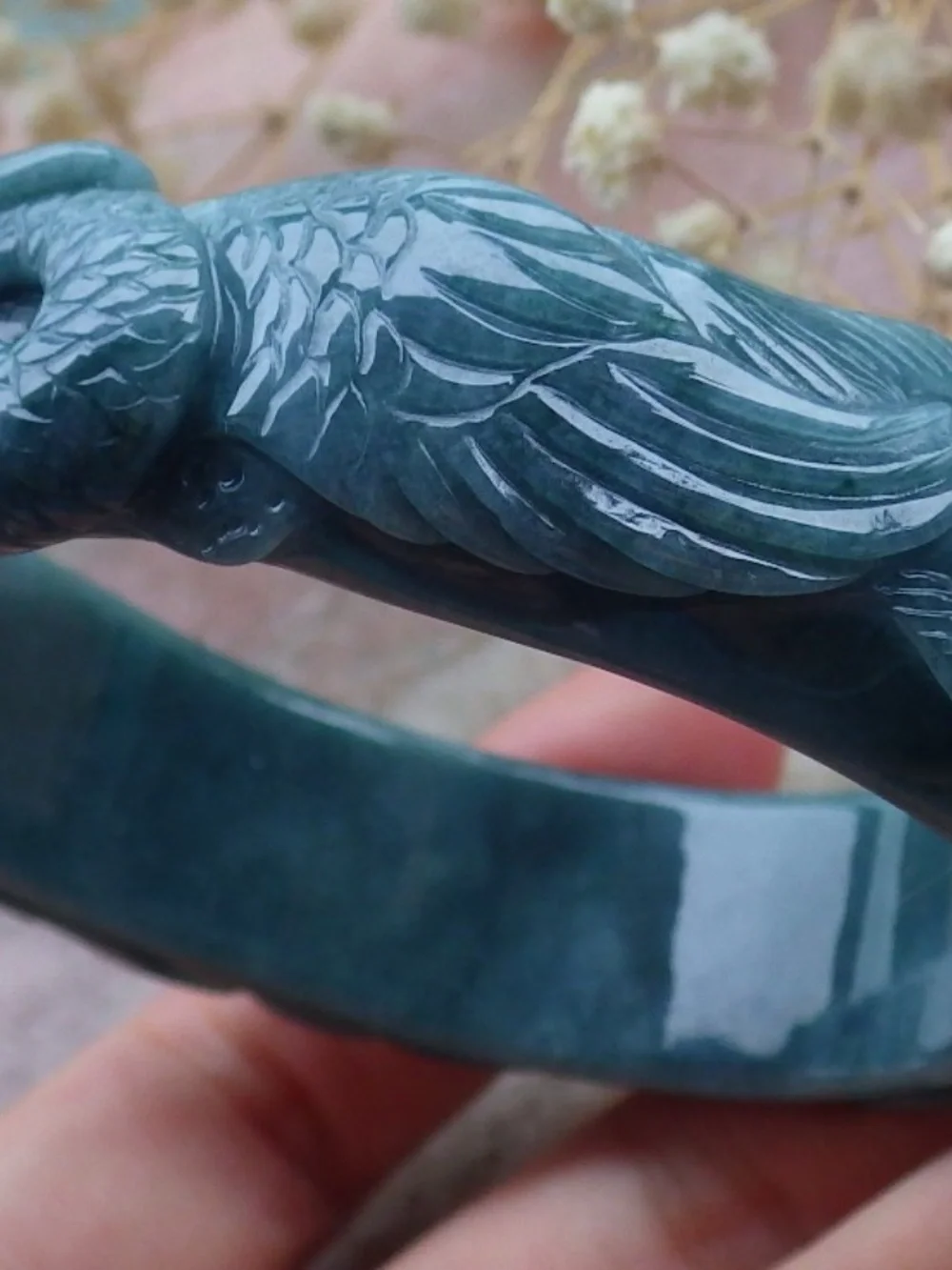 58mm Certified Hand Carved Natural A JADE Jadeite Phoenix Circle Bangle Bracelet